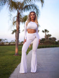 Beyaz - Şık Crop Bluz Ve İspanyol Paça Pantolon Takım